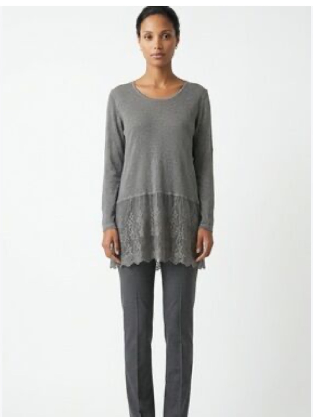 Gray Long-Sleeve Lace-Hem Tunic Top - Women